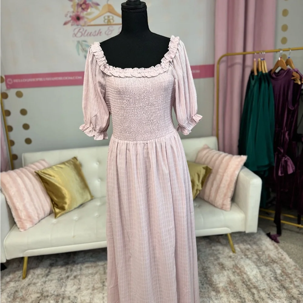 Blush Pink Smocked Maxi Dress Slit Sleeve | Cottagecore Spring Size M - Picture 6 of 7